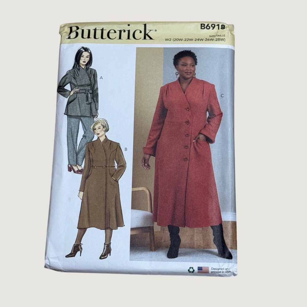 Butterick B6918 Women Coat Jacket Sewing Pattern Size 20W-28W Plus Preppy Style
